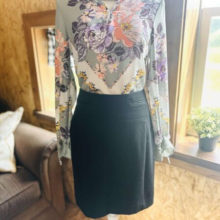 Sage green floral shirt/black skirt