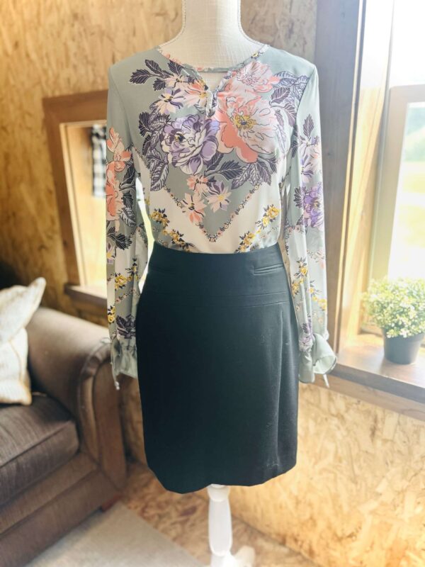 Sage green floral shirt/black skirt