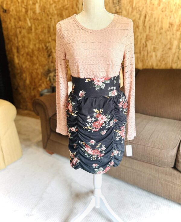 Pink shirt/black floral skirt