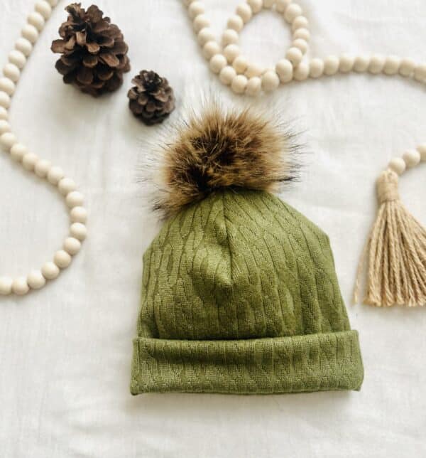 Army green cable knit hat w/ pom pom