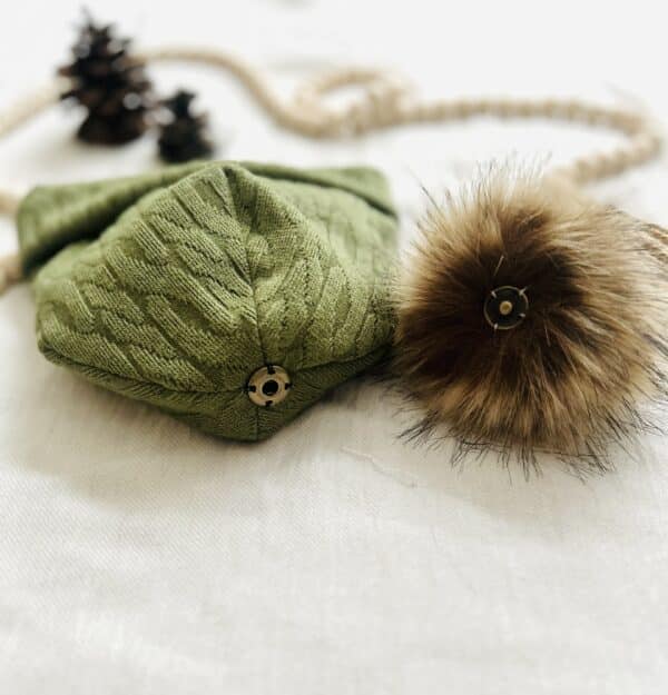 Army green cable knit hat w/ pom pom - Image 2
