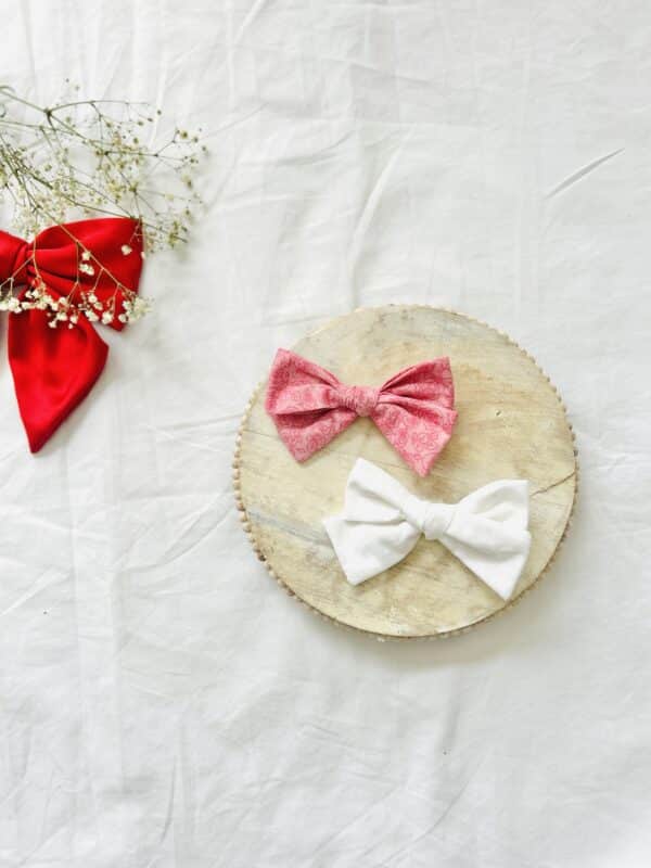 Pink floral/ white heart pinwheel bows